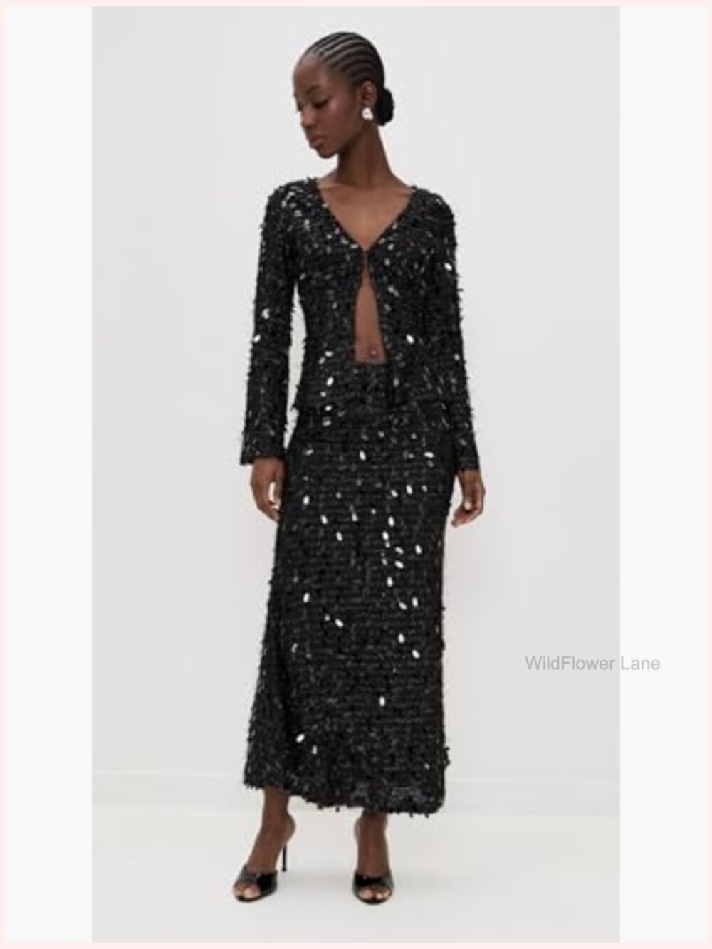 V-Neck Long Sleeve Sequin Blouse with Single-Button Placket and Back Ties - Picture 3 of 6